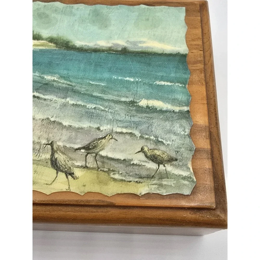 Vintage Mid Century Ocean Beach Wooden Trinket Jewelry‎ Box Seagulls Divided